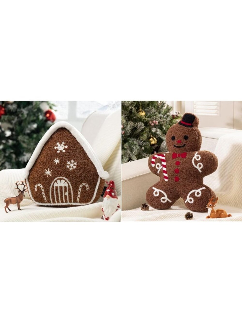 Cozy Christmas Plush Gingerbread House & Teddy Pillows Set - Soft Faux Fur Decor